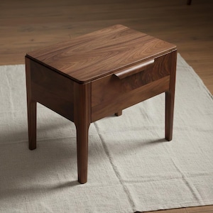 Puede incluir: Una mesita de noche de madera marrón oscuro con un solo cajón y un asa curvada. La mesa tiene cuatro patas cónicas y una superficie lisa y pulida. Mide aproximadamente 60 cm de alto, 50 cm de ancho y 40 cm de profundidad. Sobre una alfombra clara.