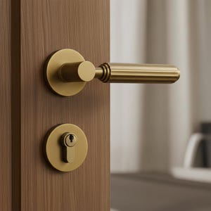 Puede incluir: Primer plano de una manija y cerradura doradas en una puerta de madera. La manija es cilíndrica con un agarre acanalado. La cerradura tiene un ojo de cerradura y una placa circular. La puerta tiene un patrón de vetas de madera.