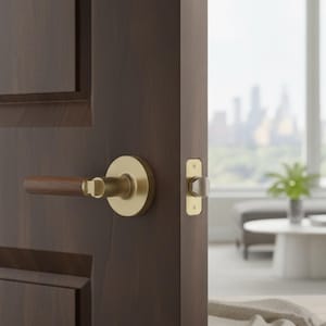 Può includere: Una porta in legno marrone scuro con una maniglia dorata e un chiavistello abbinato. La maniglia ha una leva in legno. La porta è parzialmente aperta, rivelando uno scorcio di un moderno spazio abitativo con vista sulla città.