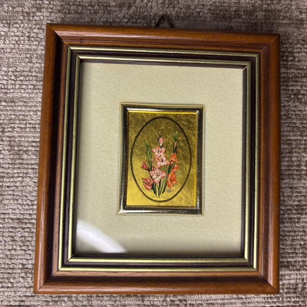 Vintage framed 23 carat gold leaf chromolithograph miniature gladioli painting