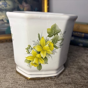 May include: A white ceramic planter with a hexagonal shape and a gold-toned rim at the base. The exterior features a botanical illustration of bright yellow daffodils with green leaves and stems printed on the front side of the vessel.