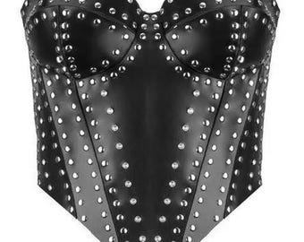 Studded Black Leather Corset Bustier – Strapless Gothic Waist Cincher Top