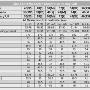 May include: A size chart for men's motorbike racing suits, displaying measurements in centimeters. The chart includes sizes for Europe, USA/Canada, and International/UK, with measurements for chest, waist, hip, and other areas.
