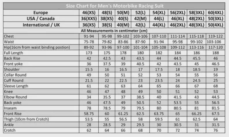 May include: A size chart for men's motorbike racing suits, displaying measurements in centimeters. The chart includes sizes for Europe, USA/Canada, and International/UK, with measurements for chest, waist, hip, and other areas.