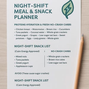 May include: A white paper titled "NIGHT-SHIFT MEAL & SNACK PLANNER" with a green leaf graphic. Lists of foods are categorized under "PROTEINS HYDRATION & FRESH NO-CRASH CARBS", "NIGHT-SHIFT SNACK LIST", and "NO-CRASH CARBS". A pencil rests on the paper.