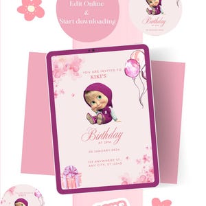 Peut inclure: Une invitation d'anniversaire rose avec un personnage de dessin animé, des ballons et des motifs floraux. L'invitation indique "Vous êtes invité(e) à l'anniversaire de Kiki à 14h, le 20 janvier 2024." Comprend une boîte cadeau et un autocollant en forme de cœur.