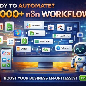 May include: A promotional graphic with the text "READY TO AUTOMATE? 2000+ n8n WORKFLOWS!". It features a computer screen displaying workflow icons, a smartphone, and a robot holding a gear. The Etsy logo is visible.