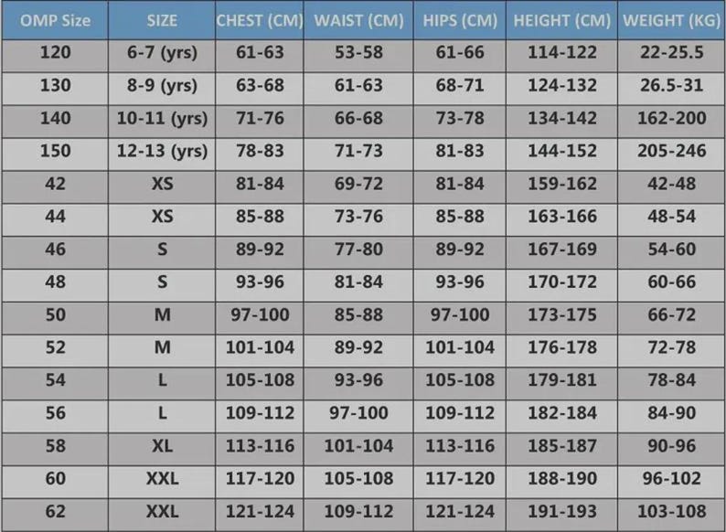 May include: A detailed size chart with measurements in centimeters for chest, waist, hips, height, and weight. Sizes range from XS to XXL, with corresponding age ranges for children's sizes. The chart is on a light blue background.