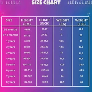 May include: A size chart with the title "SIZE CHART" in white text. The chart lists sizes from 6-9 months to 8 years, with corresponding height in centimeters and inches, and weight in kilograms and pounds. The background is a gradient of purple and blue.