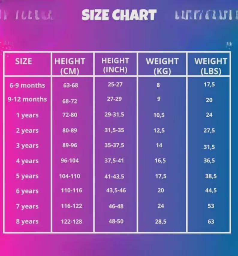 May include: A size chart with the title "SIZE CHART" in white text. The chart lists sizes from 6-9 months to 8 years, with corresponding height in centimeters and inches, and weight in kilograms and pounds. The background is a gradient of purple and blue.