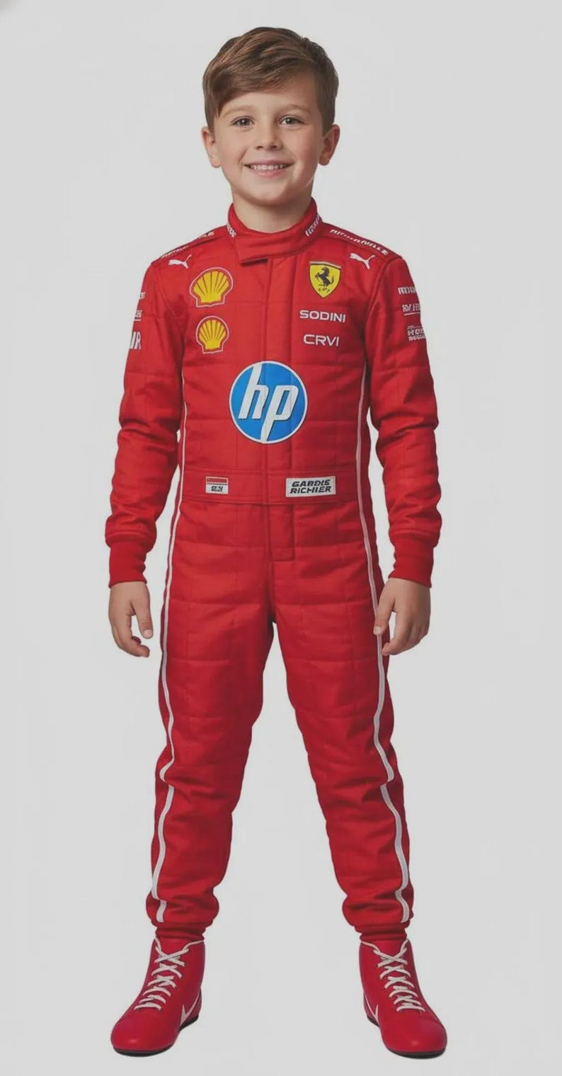 May include: A red racing suit with white stripes and logos, including "HP" and "Ferrari", worn by a young person. The suit has long sleeves and is paired with red shoes. The overall theme is motorsports.