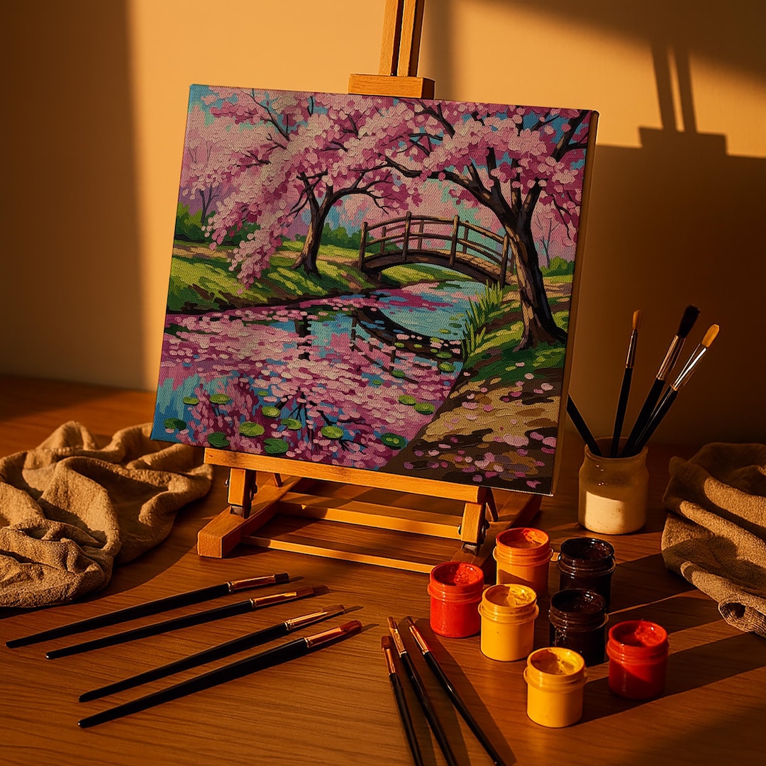 Cherry Blossom Paint by Numbers Kit, Sakura Bridge Landscape Canvas Set ...