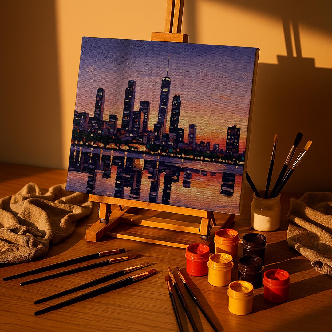 City Skyline Paint by Numbers Kit, Sunset Cityscape Canvas Painting Set ...