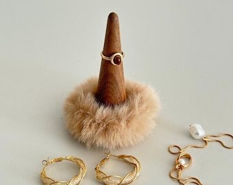 Walnut Ring Holder Cone, Wood Ring Stand with Faux Fur Base, Wedding Ring Display, Photo Prop, Gift for Couple