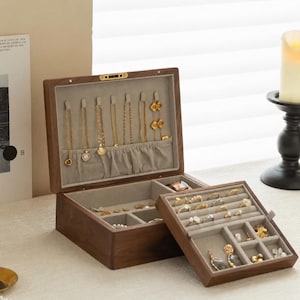 Custom Double-Layer Solid Walnut Jewelry Box With Lock, Ring Organizer, Necklace Hooks & Watch Storage,Luxury Anniversary Keepsake for her