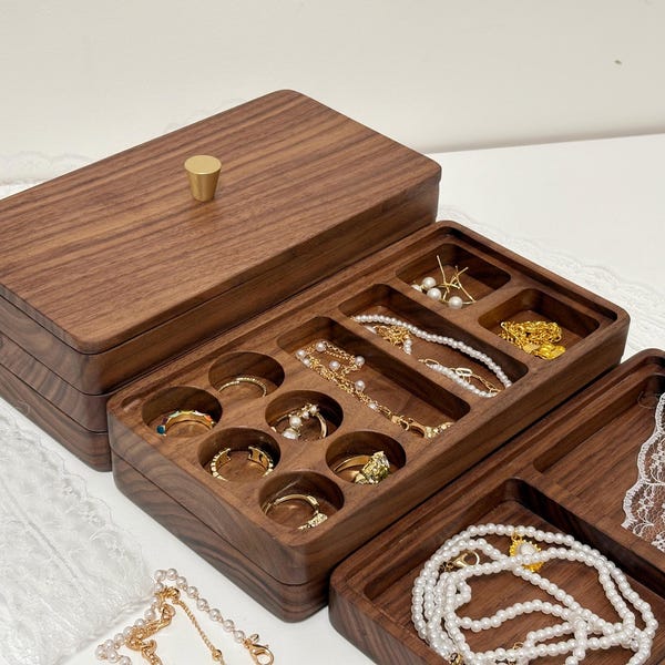 Stapelbarer Schmuckschatulle aus Walnussholz - Multi-Tier-Vintage-Design für kleinen Schmuck, einzigartige Schichtlagerung