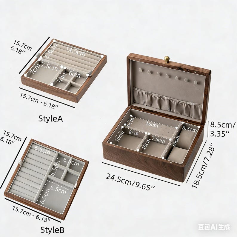 Joyero doble de nogal hecho a medida, elegante organizador de anillos con detalles de latón, ganchos para collares y espacio para guardar relojes, regalo de lujo para el Día de la Madre. imagen 8
