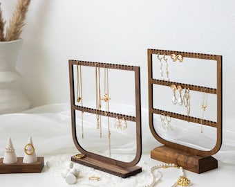 Elegante soporte para collares de nogal, soporte para pendientes multicapa, expositor de collares de madera, organizador de pendientes, organizador de joyas, regalo para el Día de la Madre.