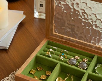 Customized Solid Wood Jewelry Box with glass lid |Vintage Jewelry Box|Necklace Organizer| Earring Holder| Green Velvet Jewelry Box for women