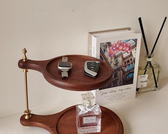 Two-Tier Wooden Tray with Brass Stand, Vintage Desktop Jewelry Organizer,Perfume key tray