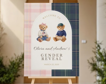 Preppy Teddy Bear Gender Reveal Welcome Sign, Plaid Design (Editable Canva Template)
