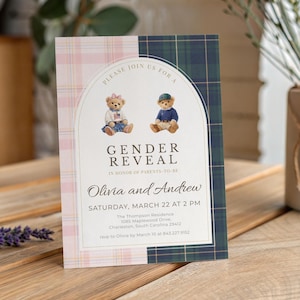 Może przedstawiać: Zaproszenie na ujawnienie płci z różowym i granatowym wzorem w kratę. Zaproszenie zawiera dwa misie i tekst "GENDER REVEAL" wraz z imionami Olivia i Andrew oraz szczegółami wydarzenia.