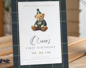Invitación de primer cumpleaños de osito Polo / Plantilla Canva preppy