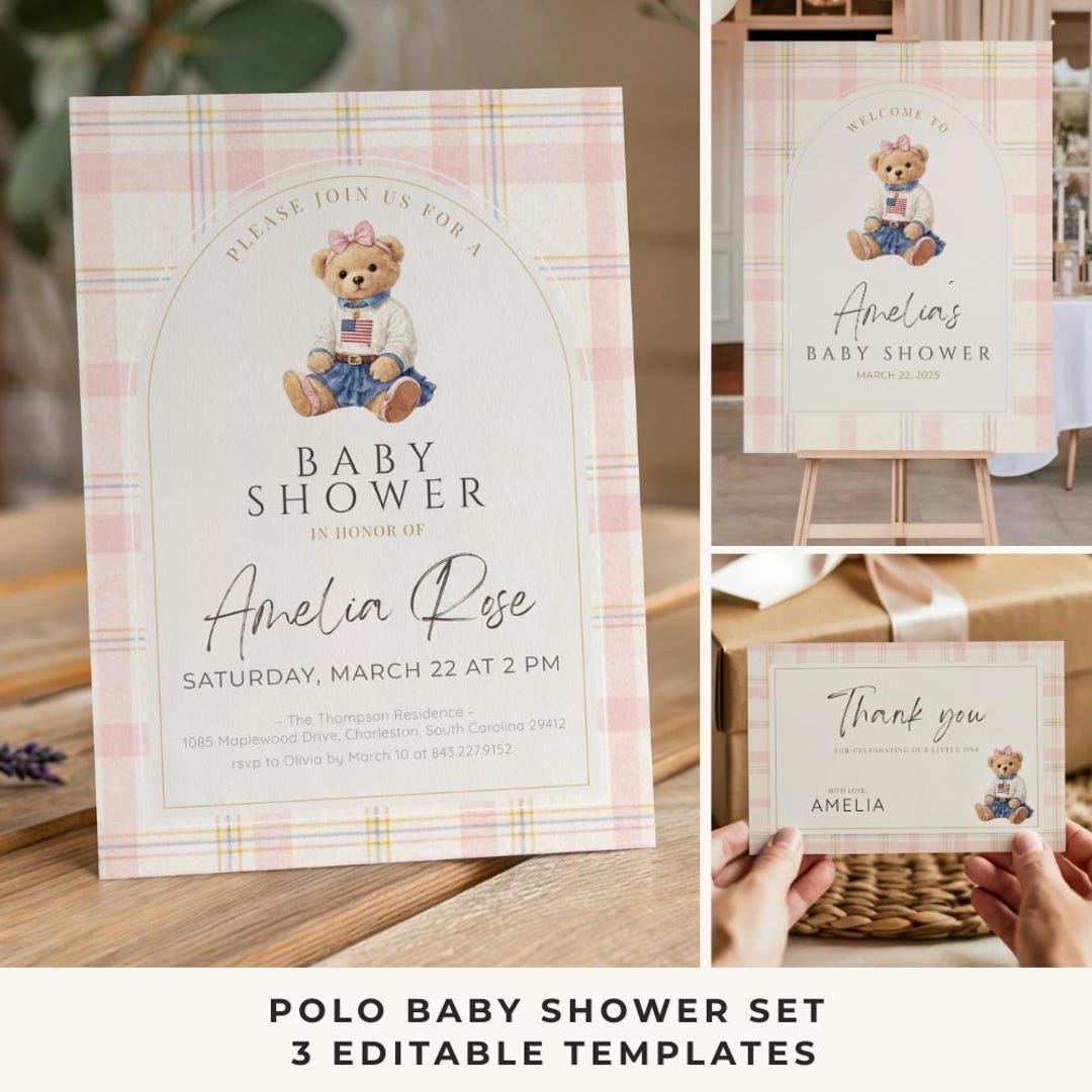Polo Baby Shower Bundle Printable | Pink Teddy Bear Baby Shower Set for ...