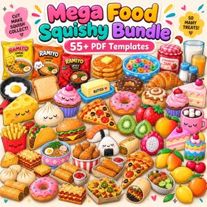 Könnte beinhalten: Eine Sammlung von 55+ PDF-Vorlagen für Papier-Squishies mit verschiedenen Lebensmitteln wie Ramen, Pizza, Donuts, Cupcakes, Obst und Fast Food. Das Bild enthält den Text Mega Food Squishy Bundle und 55+ PDF Templates.