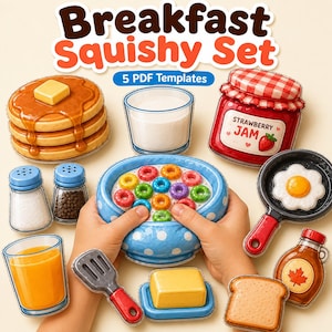 Puede incluir: Un set de juguetes blandos Breakfast Squishy Set con 5 plantillas PDF. Incluye una pila de tortitas con mantequilla, un vaso de leche, un tarro de mermelada de fresa, un bol de cereales de colores, una sartén con huevo frito, salero y pimentero, zumo de naranja, una espátula, una mantequillera, tostada y sirope.