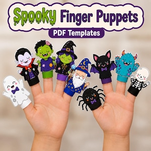Peut inclure: Un ensemble de modèles PDF de marionnettes à doigts Spooky Finger Puppets représentant des personnages illustrés dont un fantôme, un vampire, un zombie, une sorcière, un magicien, une chauve-souris, une araignée, un monstre bleu et un squelette.