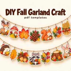 Może przedstawiać: Zestaw szablonów pdf DIY Fall Garland Craft z dwoma sznurkami wiszących wycinanek papierowych. Ilustracje przedstawiają jelenia, grzyby, liście klonu, szyszki, wiewiórkę, żołędzie, jeża, szopa pracza, pszenicę i pień drzewa.