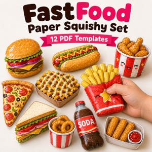 Puede incluir: Un set de squishies de papel de comida rápida con 12 plantillas PDF. La colección incluye una hamburguesa, un perrito caliente, un cubo de pollo frito, una porción de pizza, patatas fritas cargadas, patatas fritas, sándwich, aros de cebolla y refresco.