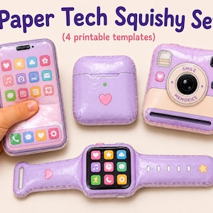 May include: A Paper Tech Squishy Set featuring 4 printable templates: a purple smartphone with app icons, a purple earbud case with a heart, a purple instant camera with the text Smile Memories, and a purple smartwatch with a digital screen.