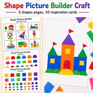 Puede incluir: Un set de manualidades Shape Picture Builder con 5 páginas de formas y 10 tarjetas de inspiración. El conjunto incluye hojas con círculos y cuadrados coloridos, además de tarjetas que muestran imágenes como una casa, tren y castillo.