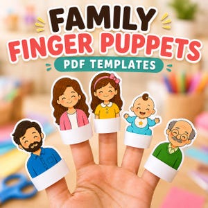 Peut inclure: Un ensemble de cinq marionnettes à doigt en papier représentant des illustrations de famille, incluant une personne barbue, une personne aux longs cheveux bruns, un enfant avec un nœud rose, un bébé en bleu et une personne âgée à lunettes.