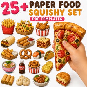 Peut inclure: Un ensemble de 25+ modèles PDF de nourriture en papier squishy présentant des illustrations de divers plats rapides, notamment des frites, des nachos, du poulet frit, de la pizza, des burritos, des sushis, des tacos, des ramen, du soda et des bretzels.