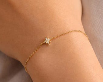 Sterling Silver Star Bracelet, Zircon Celestial Dainty Jewelry, Minimalist Stacking Bracelet