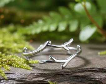 Minimalist Branch Ring - S925 Stainless Steel Twig-Inspired Open Band, Organic Adjustable Stacking Ring for Women