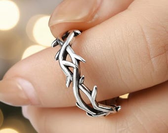 Gothic Branch Thorn Adjustable Ring, Stainless Steel Gothic Ring, Goth Punk Vintage Style Silver Ring with Customized name Bag, Father's Day