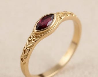 Vintage Garnet Ring in Gold – Marquise Red Gemstone Band, Dainty Boho Jewelry