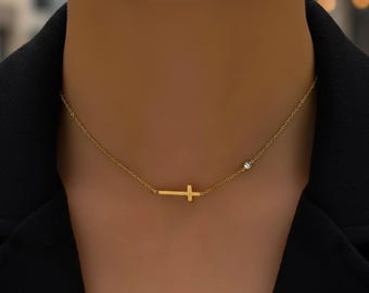 Dainty Gold Cross Necklace, Sideways Cross Necklace, Tiny Cross Necklace, Confirmation Gift, Baptism Gift, Minimalist Necklace, Gift for Her