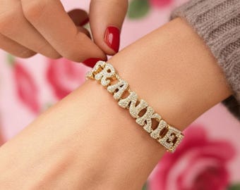 Custom Letter Bracelet, Custom Bubble Name Bracelet For Women, Personalized Gold Plated Diamond Bracelet, Christmas Gift for Her