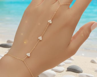 925 Sterling Silver Hand Chain Bracelet | Dainty Heart Zircon Bracelet | Gold or Silver Adjustable Slave Bracelet | Elegant Jewelry