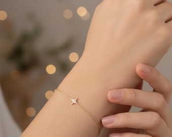 Sterling Silver North Star Bracelet: 14K Gold Starburst Charm