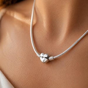 May include: A silver necklace with a heart-shaped pendant. The pendant is the central feature, with a polished, reflective surface. The chain has a fine, snake-like design, creating a simple and elegant piece of jewellery.