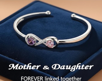 Mother&Daughter Double Heart Custom Birthstones Infinity Bracelet, Birthstone Cuff Bracelet