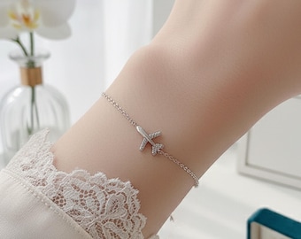 Sterling Silver Airplane Jewelry Set: Dainty Stud Earrings & Bracelet