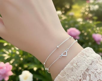 Sterling Silver Heart Bracelet: Dainty Double Layer Adjustable Chain