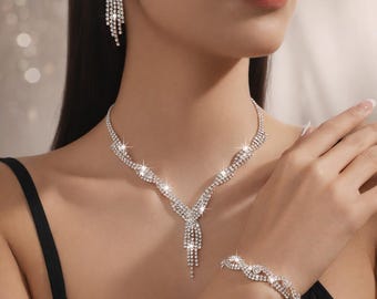 Crystal Rhinestone Jewelry Set, Silver Necklace Bracelet Earrings, Bridal Evening Jewelry